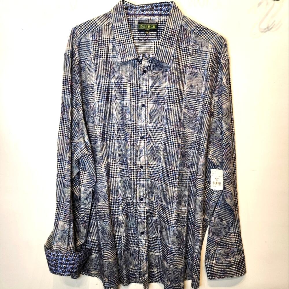 Inserch New Mens Dress Shirt Contrast Cuff Navy Plaid Leaf Comfortable Size 4XL‎